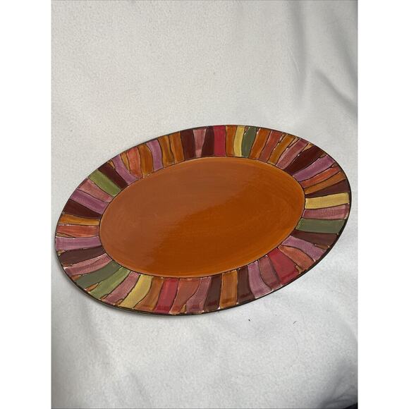 Pier 1 Wavy Multi Color Hand Painted Stoneware Oval Serving Platter 16" - Picture 1 of 3